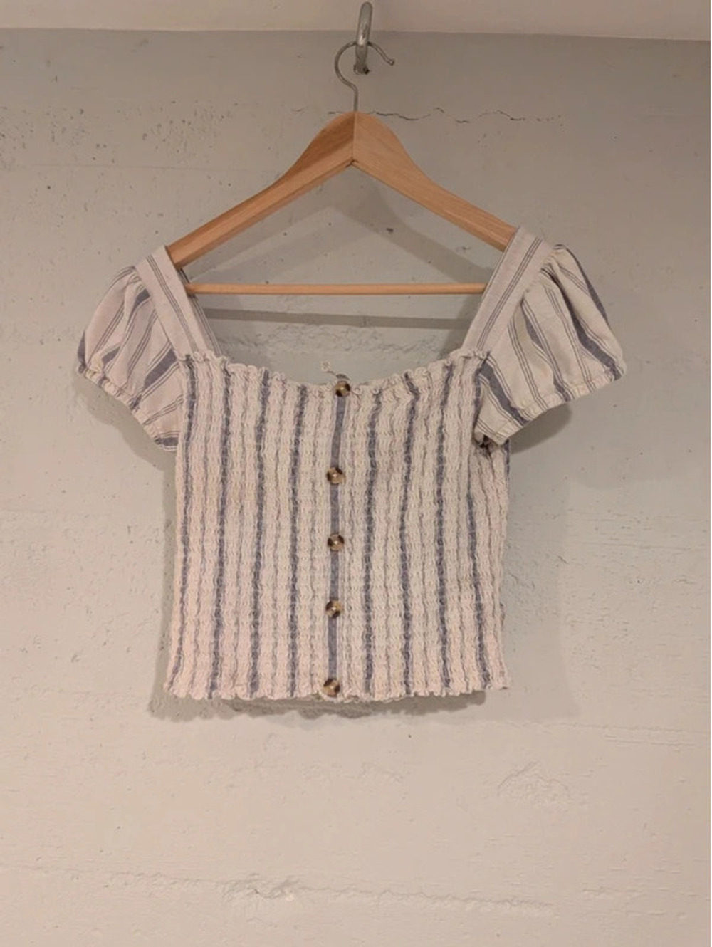 Mudd White Navy Striped Smocked Crop Top Puff Sleeve Boho Cottagecore Size L